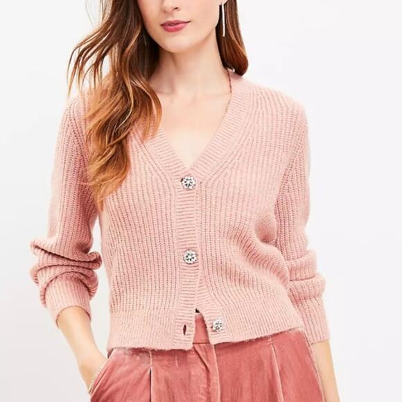 LOFT Shimmer Ribbed Jeweled Button V-Neck Cardigan sz L - Picture 1 of 9